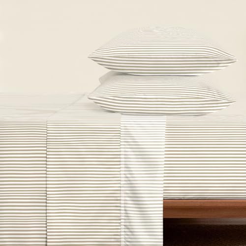 Image of Wake In Cloud - Striped Bed Sheets, 4-Piece Sheet Set, Ticking Vertical Pin Stripe Modern Farmhouse Pattern Printed Bedding, Deep Pocket, Light Brown White, Twin Size