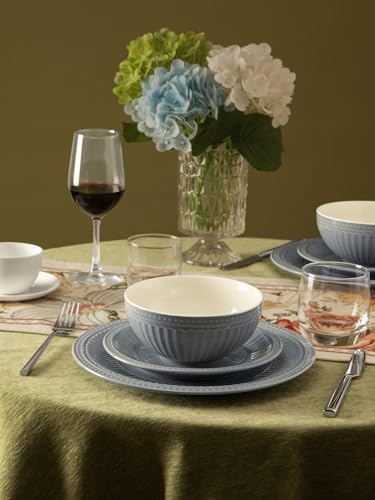 Image of Famiware Garden Plates and Bowls Set for 6, 18-Piece Kitchen Dishes Dinnerware Set - Microwave and Dishwasher Safe, Scratch Resistant, Reactive Glaze and Embossed Stoneware Tableware, Bluish Grey