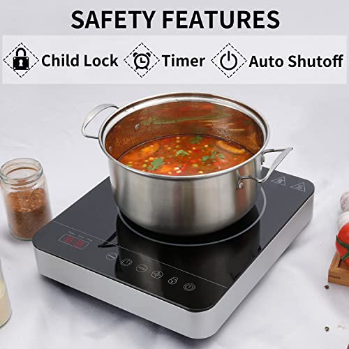 Weceleh Portable Single Induction Cooktop Hot Plate Countertop Burner Cooker 1 Burner, 1800W, 9 Power Levels, 10 Temp Levels, Timer, Auto-Shut-Off, Touch Panel, Led Display, Child Safety Lock, Black #TOP3