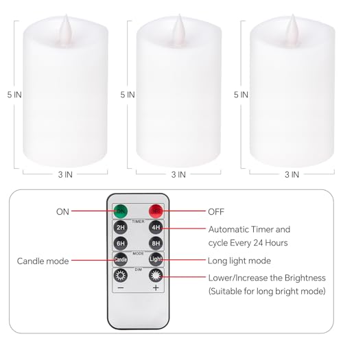 Image of 3PCS, 3 x 5 inches Flameless Candle with Remote Control, 3D Flickering Wick, Real Wax Pillar LED Candles, Battery Candles,with Timer,for Holiday Home Decor,White