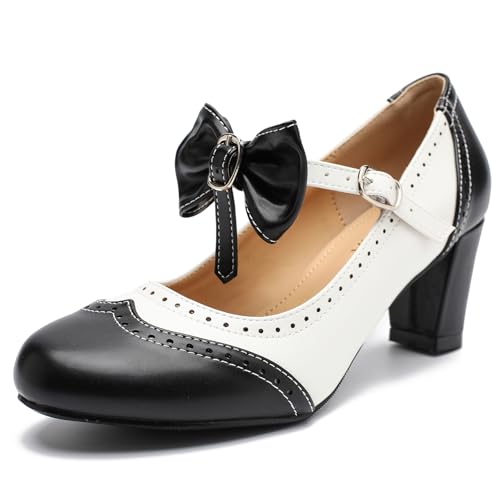 LIURUIJIA Women's Chic Bow Mary Janes Chunky Heels Ankle Strap Vintage Oxfords Pumps Cute Kawaii Dress Shoes