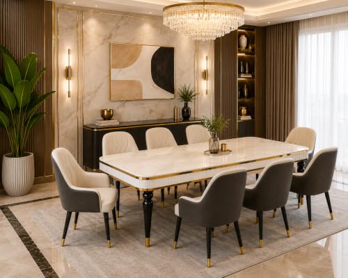 Image of 8 Seater Dining Table Set with Nano Composite Marble Top, Solid Wood Base & 8 Upholstered Chairs, Modern Dining Table Set for Home & Dining Room Furniture