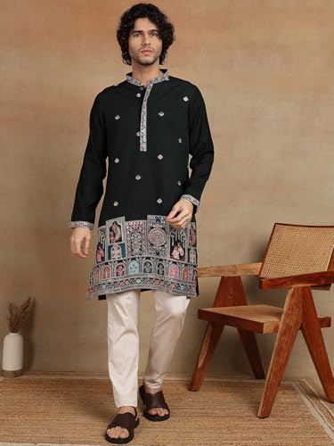 Image of Amazon Brand - Tavasya Men Printed Kurta with Ethnic Motif Border | Special Haldi Kurta | Festive Embellished Long Kurta | Embroidery Kurta | Ethnic Wear | Mandarin Collar | Knee Length