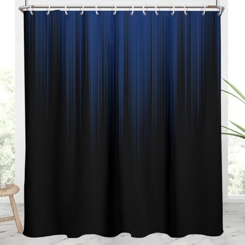 Image of AAtter Navy Blue and Black Ombre Shower Curtain, Extra Long 72x84 Inch | 12 Hooks Striped Polyester Fabric, Dark Modern Abstract Style, Cool Anime Design, Trendy Striped Tall Bathroom Decor for Men