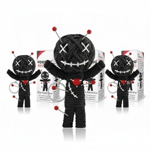 GLÜCKSGUT Voodoo Puppe mit Nadeln | 3er Pack | Geschenkbox & Anleitung | Scherz-Medikament | Büro Geschenk für Kollegen Kollegin Chef | Anti Stress | Abschied | Büro