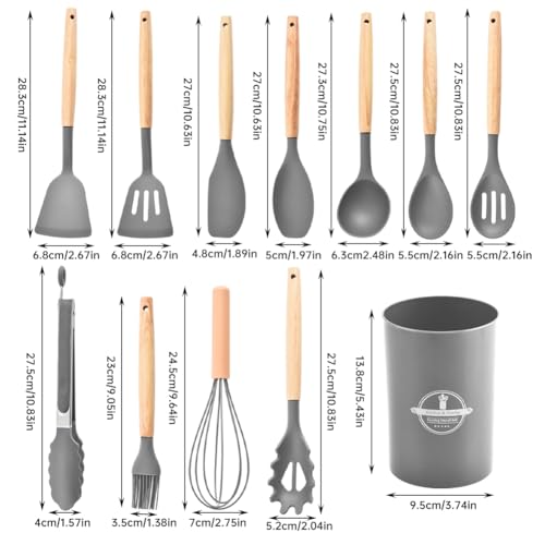 12 Pcs Kitchen Utensils Set, Silicone Kitchen Utensils Set with Holder, Nonstick Silicone Utensil Set Cooking Utensils Set for Cookware Pan, Easy to Clean, Heat-Resistant (Gray) - Image 3