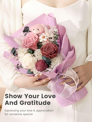 Polylove Forever Flower Bouquet Flowers for Delivery Prime Preserved Roses with Bear Gift Box for Wife Women Mother Day Anniversary Birthday (Purple) - Image 4