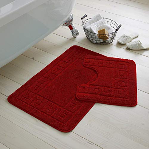 EHD Greek Design 2 Piece Bath Mat and Pedestal Mat Sets Non Slip Water Absorbent Regular Size Bathroom Rugs (Red)