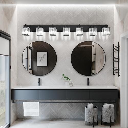 Image of Aipsun Black Vanity Light Crystal Bathroom Lighting Fixtures Modern Bathroom Vanity Light 7 Light (Exclude Bulb)