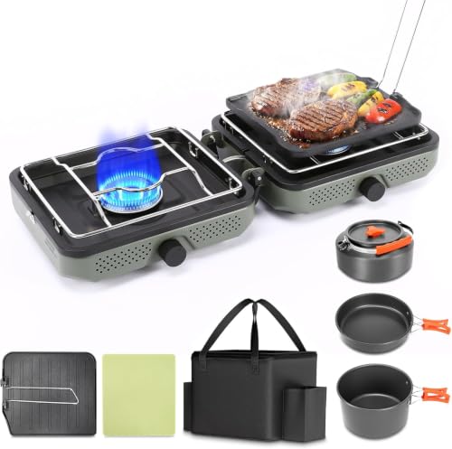 Hisencn Camping Stove 2 Burner Foldable Propane Camping Stove with Cookware