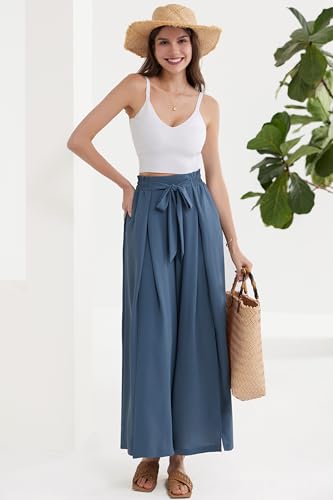GRACE KARIN Women's Wide Leg Pants with Pockets Lightweight High Waisted Tie Knot Caual Loose Split Flowy Palazzo Trousers3