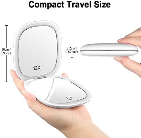 Magnifying Mirror with Light, Funtopia 1X/10X Magnification Compact Mirror, Dimmable LED Travel Makeup Mirror Rechargeable, Pocket Mirror with Eyebrow Tweezers Kit, Brightness Dimmable, 3 Colors Modes