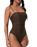 SUUKSESS Women Sexy One Piece Swimsuit Tummy Control Square Neck Bathing Suit Retro Backless Swimwear (Dark Brown,M)