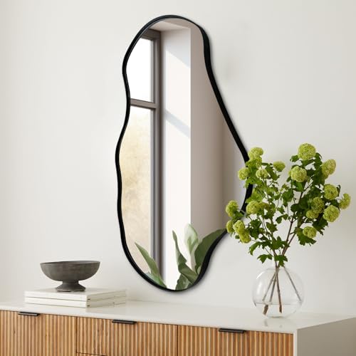 womilous Irregular Wall Mirror, 30"x20" Asymmetrical Decorative Accent Mirror with Black Metal Frame, Organic Shape Mirrors for Entryway Bedroom Living Room, Horizontal or Vertical Hanging ﻿