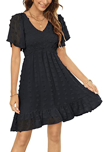 Zattcas Womens 2025 Summer Smocked Dress Short Flutter Sleeve V Neck Swiss Dot Babydoll Ruffle Tiered Mini Dress