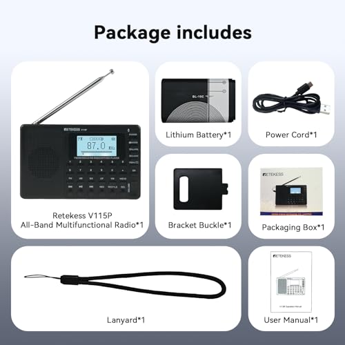 Retekess V115P Radio Portátil Pequeña, Radio a Pilas, Am/FM/SW/LW/WB, Radios Pequeñas Digitales con MP3, 1800mAh, TF/AUX, Grabación, Iluminación, Temporizador de Apagado, para Exteriores y Hogar - imagen 9