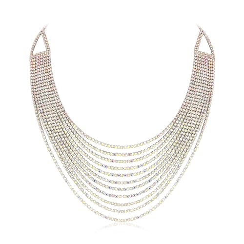 Ever Faith Multi Layered Chunky Collar Necklace, Glitter Iridescent Rhinestone Waterfall Multi-Strand Chains Statement Bib Necklace Costume Jewelry Silver-Tone