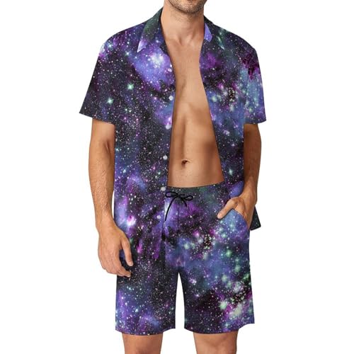 Chemise Hawaïenne Homme ensemble short et pantalon motif galaxie violette fluide taille S