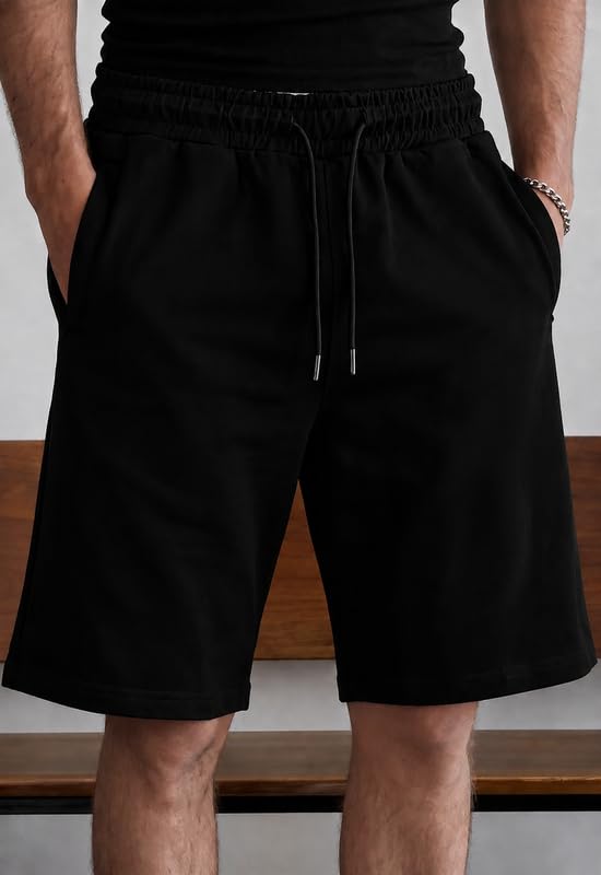 Image of Men's Solid Cotton Lounge Shorts | Premium Soft Breathable Casual Shorts with Elastic Drawstring Waist | Regular Fit Above Knee for Home, Gym & Travel