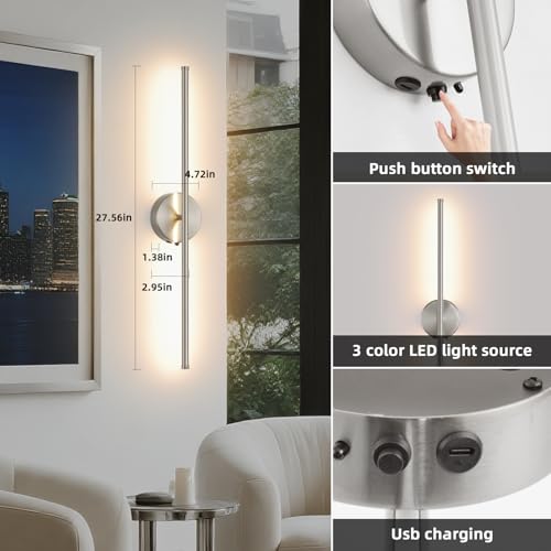 Image of Battery Operated wall Sconce Set of 2, Brushed Nickel 27.5 inch LED USB Rechargeable dimmable wall Sconce with Remote Control, Rotate 350 for Living Room, Bedroom, Hallway and scones Lighting