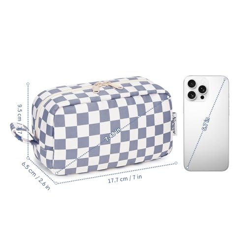 Image of Narwey Small Checkered Makeup Bag for Purse Travel Makeup Pouch Mini Cosmetic Bag Zipper Pouch for Women (Grayish Blue Checkerboard, Small)