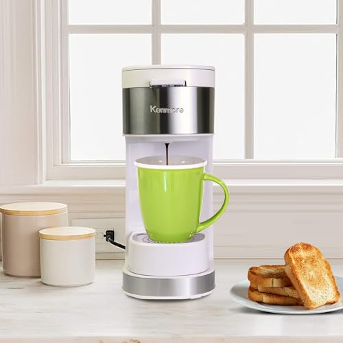 Image of Kenmore Single Serve Coffee Maker - Compatible with Keurig K‑Cup Pods & Ground Coffee, One Cup Brewer, 6-12 Oz Brew Sizes, Travel Mug Friendly, Auto Shut‑Off, Hot & Iced Maquina de cafe, White