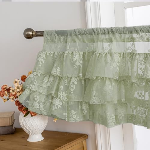 Sage Green Ruffle Lace Valance for Windows 1 Panel, W52