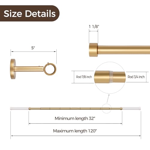 Image of TWOPAGES Adjustable Curtain Rods for Windows 32 to 120 Inch, Wall Mounted Heavy Duty 1 Inch Gold Curtain Rod with Rings, Carbon Steel Curtain Rod Set