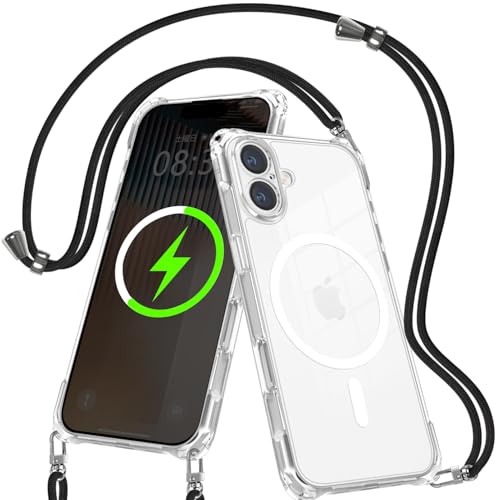 iPhone 16 用 ケース Magsafe 対応 クリア ショルダー ストラップ アイフォン 16 カバー 耐衝撃 マグネット 透明 可愛い 紐付き いphone16 マグセーフ スマホケース TPU 軽量 薄型 米軍 バンパー カメラ保護付き 人気 純正 肩掛け かわいい スマホカバー (6.1 inch)のサムネイル