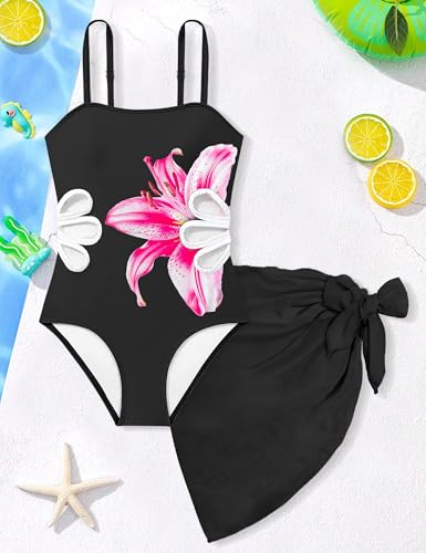 Image of Girls Swimsuit Adjustable Straps Cut Out One Piece Bathing Suit with Solid Color Cover Up Skirt Girls' Swimwear 5-16Y