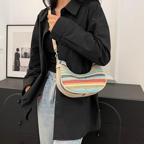 Summer Straw Purses for Women Trendy Woven Beach Bag Crescent Straw Crossbody Bags Shoulder Handbags for Vacation3