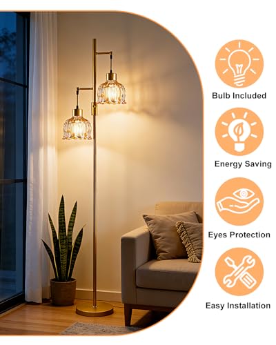 Image of Lightdot 2- Light Gold Flower Floor Lamp, 65IN Amber Glass Floor Lamps with 3000K Warm White Bulbs, Modern Standing Tall Lamp with 5Lbs Heavy Base for Living Room Bedroom Home Office Sofa Beside