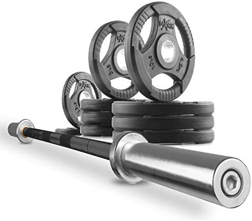 XMark 65 lb Olympic Weights Set, 7' Olympic Bar, Barbell Weight Bar and TRI-GRIP Weight Plates