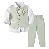 Volunboy Costume Formel Enfant Garçon 5 Pièces, Ensemble de Mariage Bébé avec Gilet, Chemise, Pantalon, Boutonnière et Nœud Papillon(Taille 90,18 24 Mois,Vert Sauge)