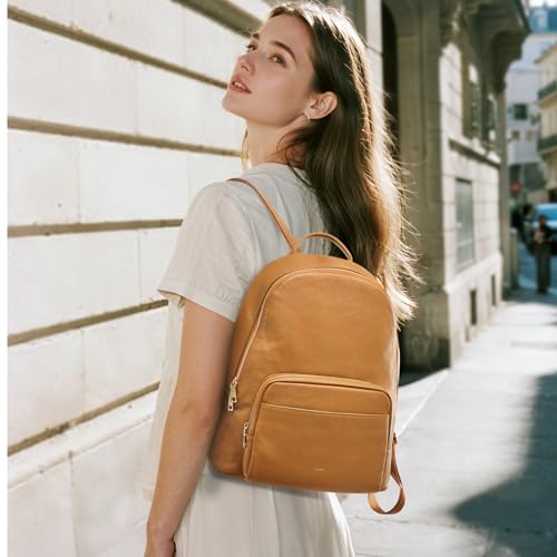 Image of Kattee Leather Backpack for Women with Back Zipper Pocket, Brown | Back zipper pocket for easy access to cards and essentials on the go.