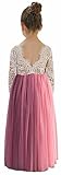 2Bunnies Girl Peony Lace Back A-Line Straight Tutu Tulle Party Flower Girl Dress (Dusty Rose Sleeve Maxi, 5)