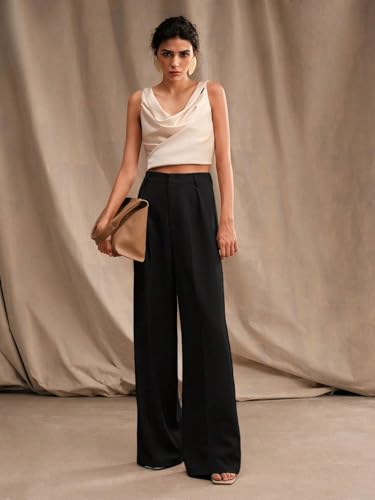 Image of KOTTY Women's High Waist Wide Leg Trousers | Solid Relaxed Fit Pants for Office, Casual Soft Flowing Polyester Blend Pants for Women