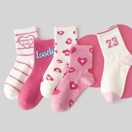 5 Pairs Crew Socks for Women Ankle Women Cotton Socks Cute Pink Hearts Design Novelty Aesthetic Size L & XL3