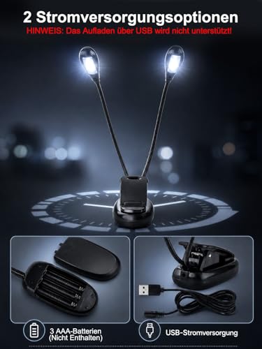 Honiwu LED-Licht für Notenständer, Notenpultleuchte Led, Licht für Notenständer, Einstellbar Doppelkopf Clip, Batterie nicht im Lieferumfang enthalten(8 Leuchten) (1)