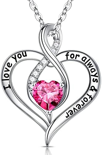 Ursilver Love Heart Pink Sapphire Birthstone Necklace - S925 Sterling Silver Birthstone Necklace October Birthstone Necklace Mothers Day Gifts Christmas Gifts Jewelry Gifts for Women Mom Wife Grandma