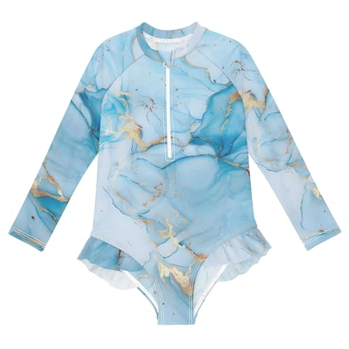 ALAZA Toddler Swimsuit Girl Bathing Suit Swimwear Rash Guard Blue Marble Long Sleeve 3T