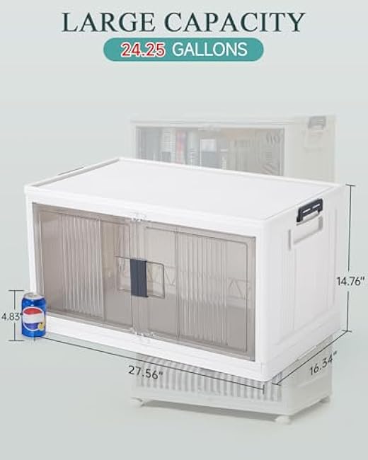 OlarHike 97QT Stackable Storage Bins with Lids - Folding Storage Box with Doors and Wheels, Collapsible Plastic Storage Drawers for Closets, 4 Pack Cubes