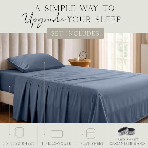 Image of KARISSA MAE Luxury Bamboo Viscose Twin Size Sheet Set | FSC Certified | Cooling | Ultra Soft | 18 inch Deep Pockets | Elastic Corner Straps | Includes Organizer Band [Slate Blue]