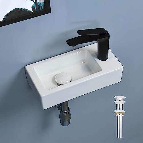 bathivy Fregadero de baño esquinero de montaje en pared de 15 x 7.5 pulgadas con drenaje desplegable y kit de instalación, fregadero rectangular de cerámica blanca, mini fregadero flotante para colgar