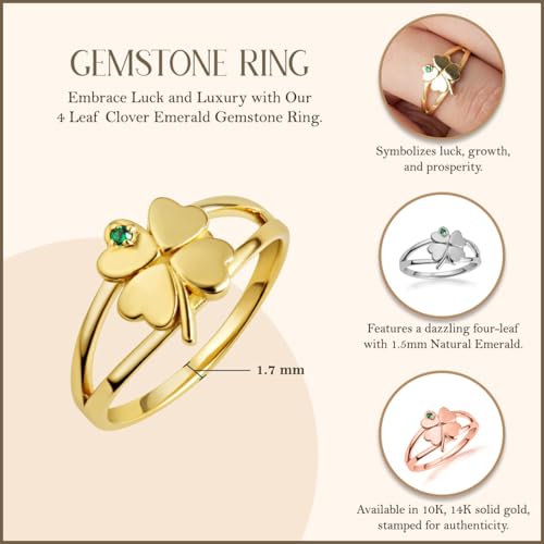 Claddagh Gold 10K &14K Lucky 4 Leaf Clover Emerald Gemstone Ring Available In Yellow/Rose/White with Multiple Ring Size3