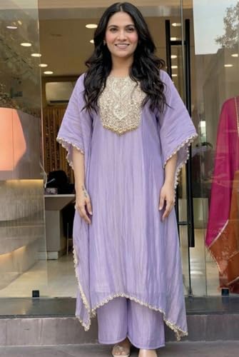 Image of GoSriKi Fendy Glass Embroidered A-Line Kurta with Palazzo for Women | Fendy Glass Grey | Kaftan Sleeve | Round Neck | Ethnic Wear Casual Wear