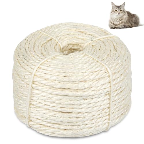 Sisal Rope for Cat Scratching Post, Natural Cat Tree Rope, 164 Feet 4 mm, DIY Hemp Twine Rope for Repairing, Recovering Scratch Post Cats Tree Tower Replacement (White)