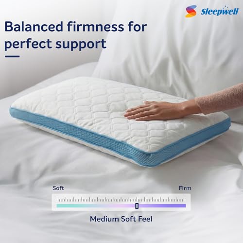 Image of Sleepwell Utsav Premium Pillow | Recycled Microfibre | Neck Support | Micro-Fibre Comfort | Medium Soft Feel | Lightweight & Breathable | Long Lasting Fill | Machine Wash | 24 x 16 Inches | Pack of 1