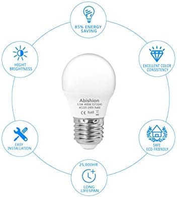 Abishion 5.5W E27 LED Bulbs,Natural White 4000K,Equivalent 40W Incandescent Bulb,RA80 470LM 180°Beam Angle,Non Dimmable G45 Small Edison Screw Golf Ball,Pack of 6.