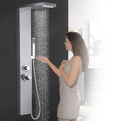 JNGLGO Duschpaneel Edelstahl Duschsystem Silber mit Thermostat Duschsäule Duschset Gebürstet Duscharmatur für Bad - Regendusche Handbrause Massagedusche Wasserfalldusche (Silber)